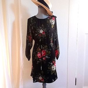LOFT Tie Waist Dress Black Floral Swingy Silhouette Romantic